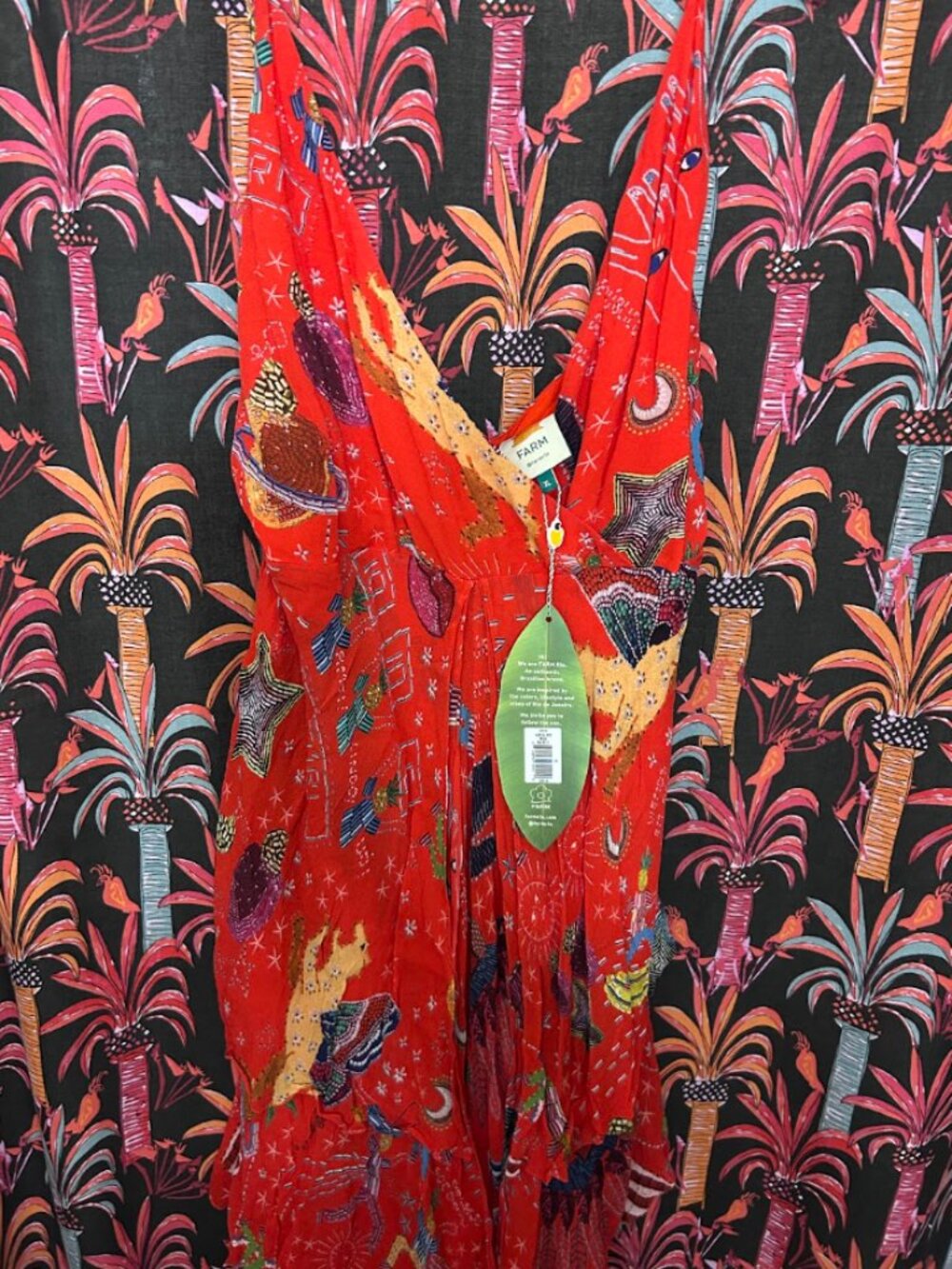 NWT XL FARM RIO CARNIVAL RED MULTI PRINT TIERED MIDI DRESS BRAZIL FESTIVAL PARTY - Picture 2 of 8